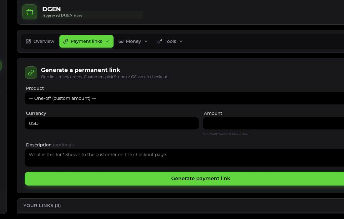 DGEN Payments payment links screenshot